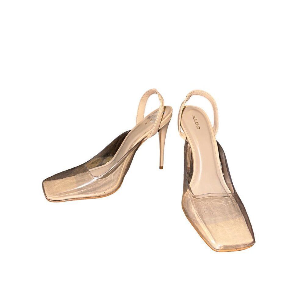 ALDO Nude & Clear Square Toe Slingback High Heels  Size 8